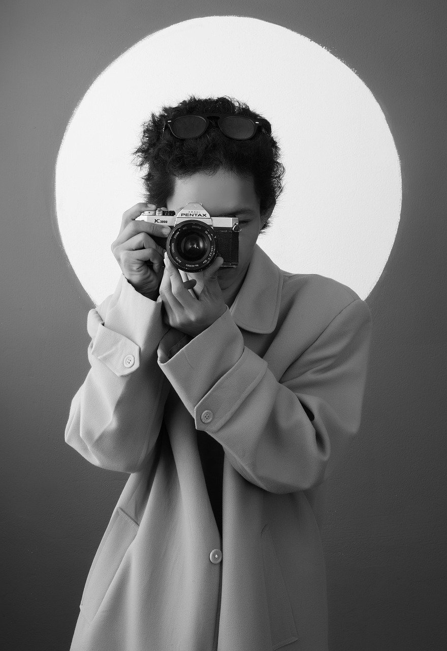 woman, coat, camera