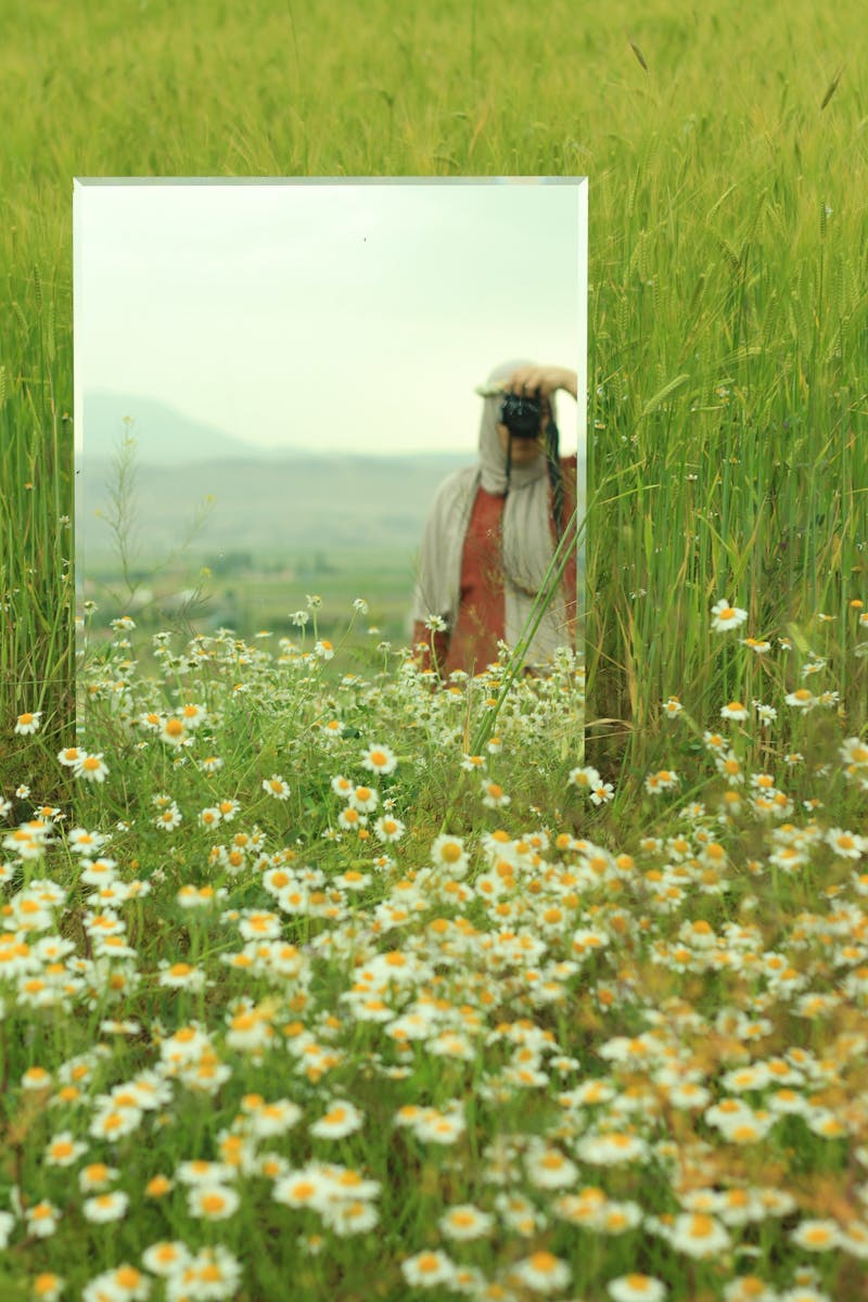 A woman in nature using a mirror for creative photography amidst blooming daisies.