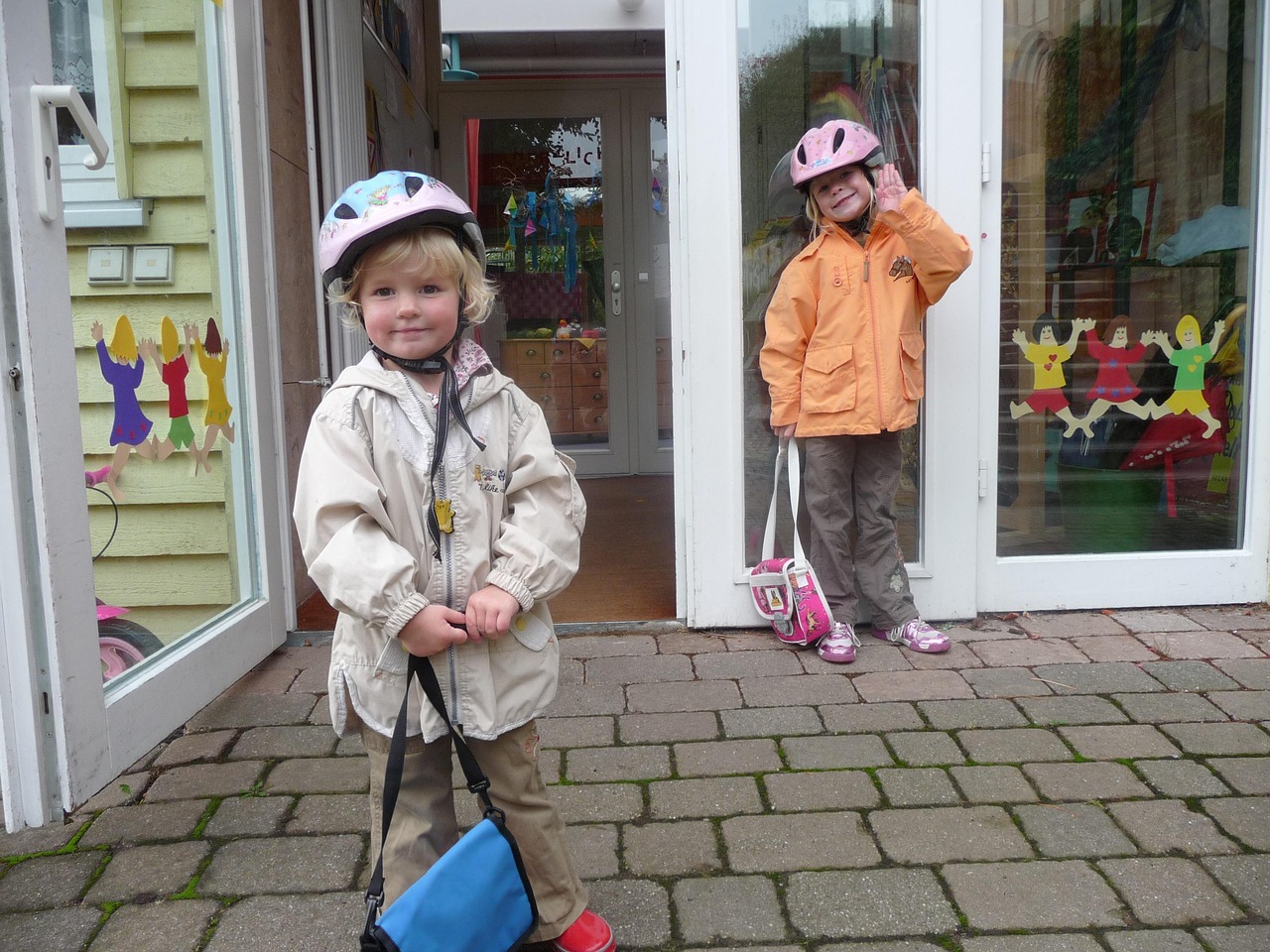 kindergarten, children, kindergarten bag, bike helmets, happy, door, kindergarten, kindergarten, kindergarten, kindergarten, kindergarten